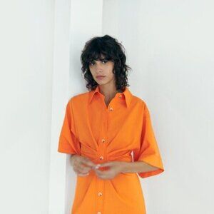 Zara Bright Orange Midi Shirtdress with draped waist detail (M)